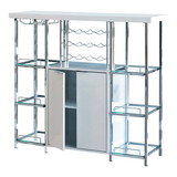 Benjara BM230376 6 Glass Shelf Metal Frame Bar Cabinet with Power Outlet, Clear and Chrome