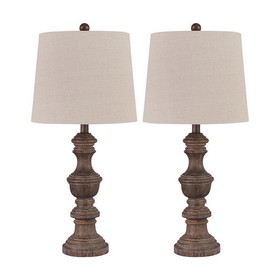 Benjara BM230966 Tapered Fabric Shade Table Lamp with Turned Base, Set of 2, Gray and Brown