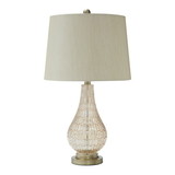 Benjara BM230982 Bellied Glass Table Lamp with Fabric Drum Shade, Beige and Clear