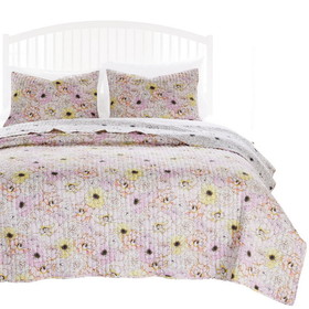 Benjara BM231048 Milan 3 Piece Microfiber Blooming Flower Pattern Queen Quilt Set, White and Pink
