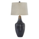 Benjara BM231407 Drum Shade Table Lamp with Metal Curved Design Base, Blue