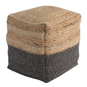 Benjara BM231408 Cube Shape Jute Pouf with Braided Design, Black and Brown