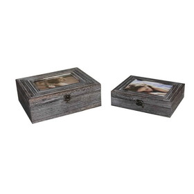 Benjara BM231489 Molded Wooden Storage Box with Photo Frame Lid, Set of 2, Gray