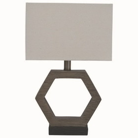 Benjara BM231955 Hexagonal Wooden Base Table Lamp with rectangular Shade, Brown and Gray