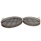 Benjara BM232697 Round Shaped Bamboo Tray with Curved Handle, Set of 2, Black