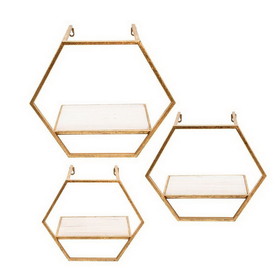 Benjara BM232719 Hexagon Shaped Metal and Wooden Shelf, Set of 3, Gold
