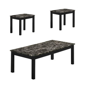 Benjara BM233098 3 Piece Coffee Table and End Table with Faux Marble Top, Black