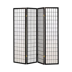 Benjara BM233241 4 Panel Foldable Wooden Frame Room Divider with Grid Design, Black