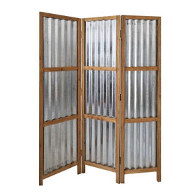 Benjara BM233453 Industrial 3 Panel Foldable Screen with Corrugated Design, Silver and Brown