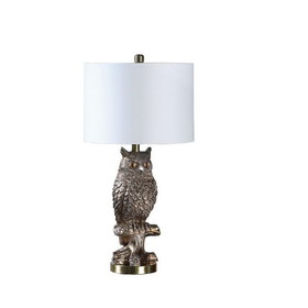 Benjara BM233933 Polyresin Sitting Owl Design Table Lamp with Round Base, Silver