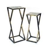 Benjara BM233953 Stone Top Plant Stand with Geometric Base, Set of 2, Black and Gray