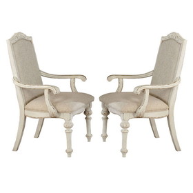 Benjara BM235431 Rustic Wooden Arm Chair with Intricate Carvings, Set of 2, Antique White