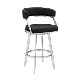 Benjara BM236606 26 Inch Curved Seat Leatherette Swivel Barstool, Silver and Black