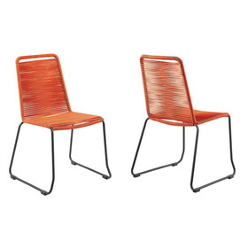 Benjara BM236720 18.5 Inches Fishbone Weaved Metal Dining Chair, Set of 2, Orange