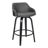 Benjara BM236781 26 Inch Wooden and Leatherette Swivel Barstool, Black and Gray