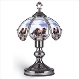 Benjara BM240856 14.25'' Umbrella Shade Glass Table Lamp with Running Horses Print, Silver