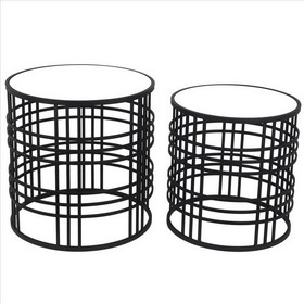 Benjara BM241052 Mirrored Top Round Accent Table with Open Base, Set of 2, Black