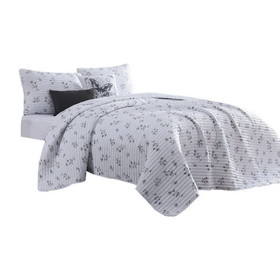 Benjara BM250008 Veria 5 Piece Queen Quilt Set with Floral Print The Urban Port, White and Gray
