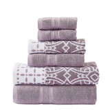 Benjara BM250054 Veria 6 Piece Towel Set with Floral and Geometric Motif Pattern The Urban Port, Purple