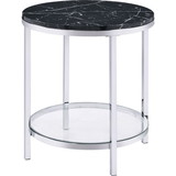 Benjara BM250265 End Table with Round Faux Marble Top and Glass Shelf, Black