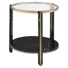 Benjara BM250391 End Table with Glass Top and Faux Marble Shelf, Black and Gold
