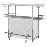Benjara BM253019 Bar Table with Faux Marble and Chrome Finish, White and Silver