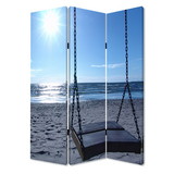 Benjara BM26498 Wooden 3 Panel Room Divider with Seaside Screen Pattern, Blue and Gray