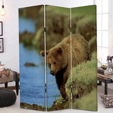 Benjara BM26506 3 Panel Foldable Wooden Screen with Bear Print, Blue and Brown