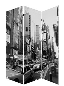 Benjara BM26513 3 Panel Foldable Canvas Screen with NYC Print, Black and White