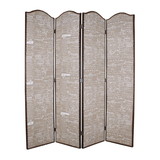 Benjara BM26596 4 Panel Scripted Fabric Wooden Scalloped Room Divider, Beige and Brown