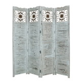 Benjara BM26673 Wooden 4 Panel Screen with Textured Panels and Scrolled Details, White