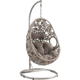 Benjara BM269035 Patio Hanging Chair with Open Circular Motifs and Wicker Frame, Gray