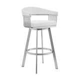 Benjara BM270144 Swivel Barstool with Open Metal Frame and Slatted Arms, White and Silver