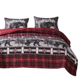 Benjara BM270176 2 Piece Twin Quilt Set with Bear and Plaid Pattern, Gray and Red