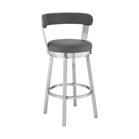 Benjara BM271159 Swivel Barstool with Curved Open Back and Metal Legs, Gray and Silver