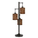 Benjara BM272199 37 Inch Metal Table Lamp, 3 Hanging Rattan Shades, Bronze Black