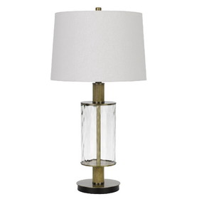 Benjara BM272228 42 Inch Clear Glass Table Lamp with Dimmer and Oak Wood Accent