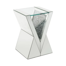 Benjara BM275091 Noe 24 Inch Mirrored End Table, V Pedestal Base, Faux Diamond, Silver