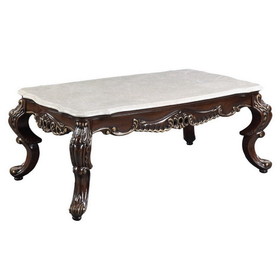 Benjara BM276298 Ben 52 Inch Marble Coffee Table, Scrolled Details, Cabriole Legs, Brown
