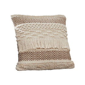 Benjara BM276706 18 Inch Decorative Throw Pillow Cover, Fringes, Braids, Beige Fabric