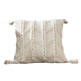Benjara BM276708 18 Inch Decorative Throw Pillow Cover, Braided Design, Tassels, Cream