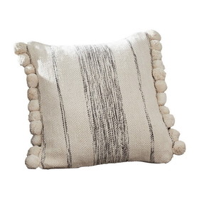 Benjara BM276713 18 Inch Decorative Throw Pillow Cover, Textured, Pom Pom Edges, Cream