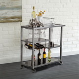 Benzara BM30521 Contemporary Style Metal Bar Cart With Tempered Glass Shelves, Gunmetal Gray Black