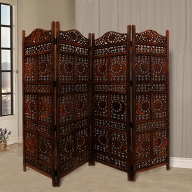 Benzara BM34821 Hand Carved Sun And Moon Design Foldable 4 Panel Wooden Room Divider, Brown