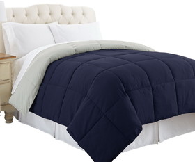 Benzara BM46028 Genoa Reversible Queen Comforter with Box Quilting, Silver and Blue