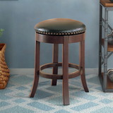 Benzara BM68987 Round Wooden Counter Height Stool with Upholstered Seat, Brown, Set of 2