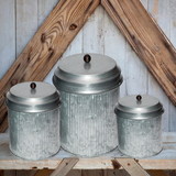 Benzara BM82052 Galvanized Metal Lidded Canister With Ribbed Pattern, Set of Three, Gray