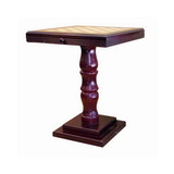 Benjara BM94715 Square Wooden Chess Print Top Table with Pedestal Base, Cherry Brown
