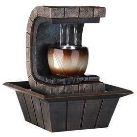 Benjara BM95352 C Shaped Polyresin Frame Fountain with Tapered Base and LED Lights, Brown