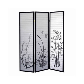 Benjara BM96092 Naturistic Print Wood and Paper 3 Panel Room Divider, White and Black